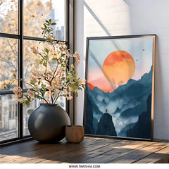 Mountain Sunset Wall Art, Man Silhouette Art, Minimalist Landscape Print, Nature Wall Decor, Zen Art Print, Spiritual Wall Art - Tawshia