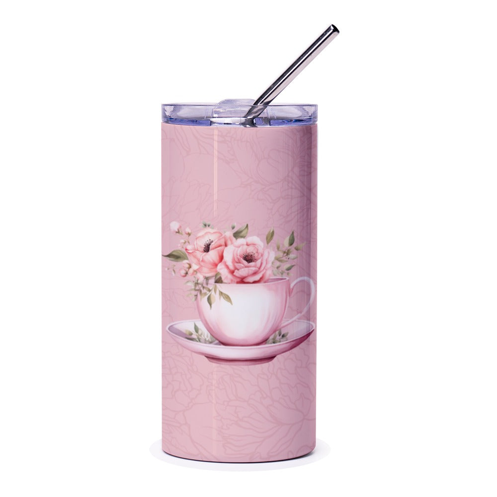 Floral Tea Cup Tumbler, Pink Flowers Tumbler, Elegant Tumbler, Gift for Her, Flower Lover Tumbler, Floral Design Tumbler, Pretty Pink - Tawshia
