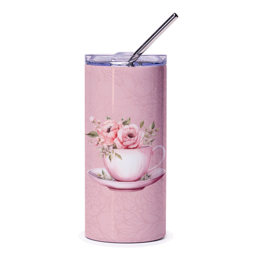 Floral Tea Cup Tumbler, Pink Flowers Tumbler, Elegant Tumbler, Gift for Her, Flower Lover Tumbler, Floral Design Tumbler, Pretty Pink - Tawshia