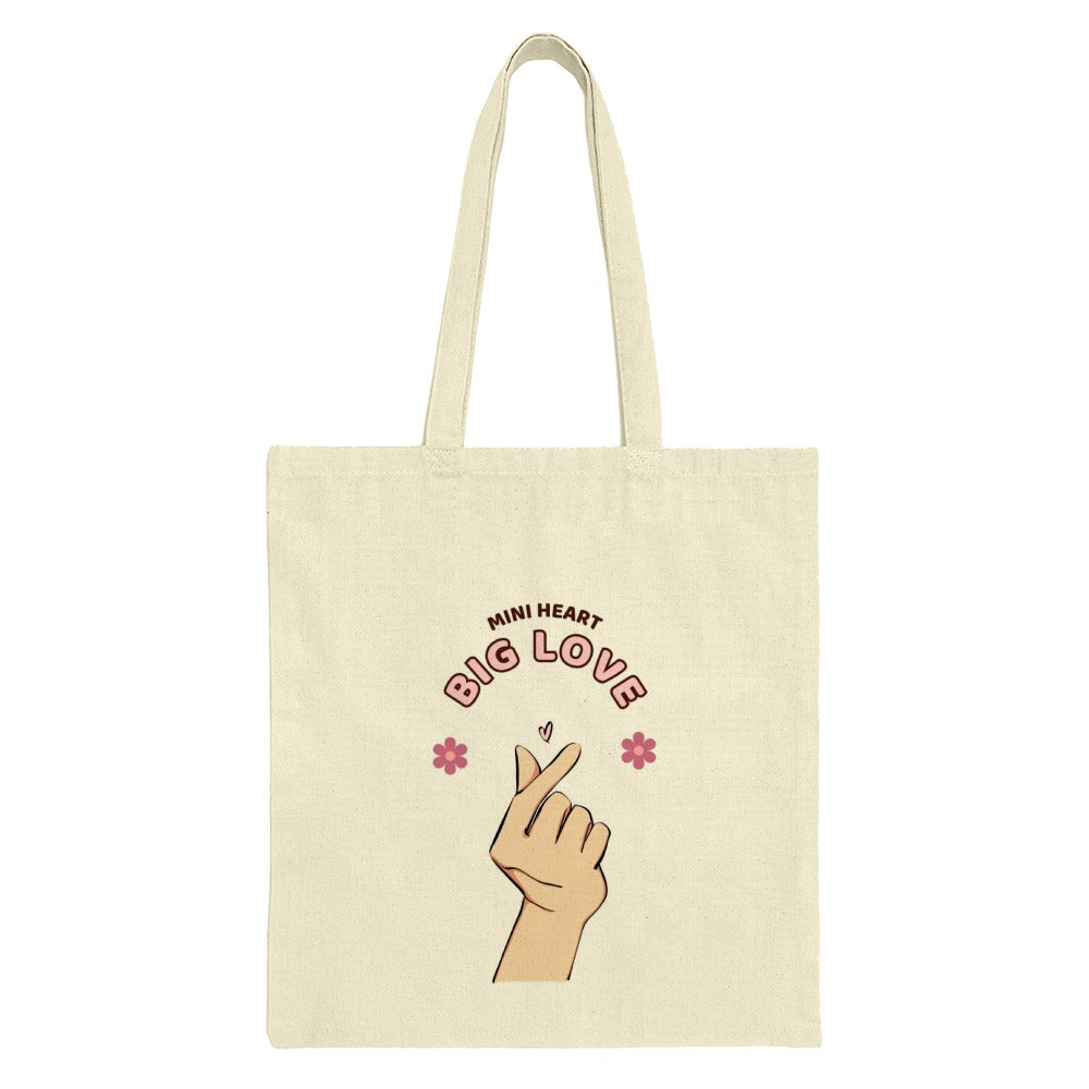 Mini Heart Big Love Tote Bag, Cute K Pop Inspired Design, Trendy Aesthetic Bag, Hand Heart Symbol Gift, Unique Graphic Tote Bag - Tawshia