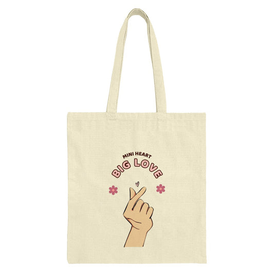 Mini Heart Big Love Tote Bag, Cute K Pop Inspired Design, Trendy Aesthetic Bag, Hand Heart Symbol Gift, Unique Graphic Tote Bag - Tawshia