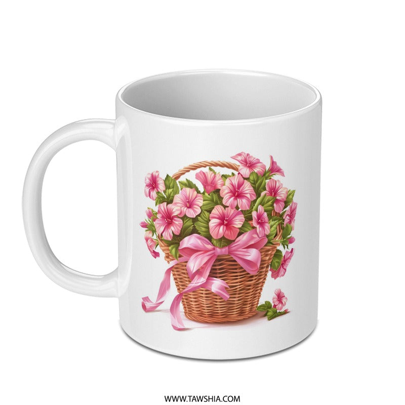 Floral Basket Mug, Flower Mug, Floral Coffee Mug, Pink Flowers, Gift Mug, Birthday Mug, Easter Mug, Mother's Day Gift - Tawshia