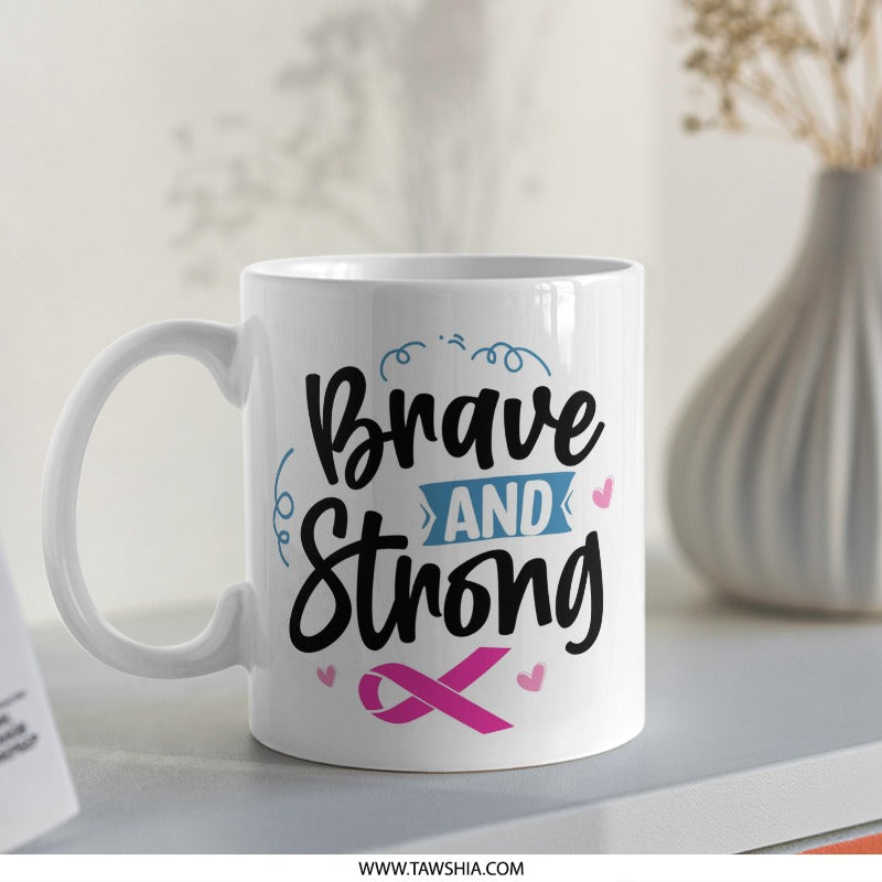 Brave and Strong Mug, Breast Cancer Awareness Mug, Survivor Gift Mug, Fighter Mug, Inspirational Mug, Gift for Her Mug - Tawshia