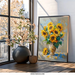 Sunflower Painting Wall Art, Floral Still Life Art, Flower Bouquet Print, Impressionist Decor, Bright Yellow Sunflowers, Framed Canvas Print - Tawshia