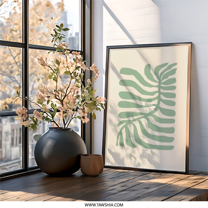 Sage Green Leaves Wall Art, Abstract Botanical Print, Minimalist Home Decor, Modern Plant Art, Nature Inspired Artwork, Trendy Wall Decor - Tawshia
