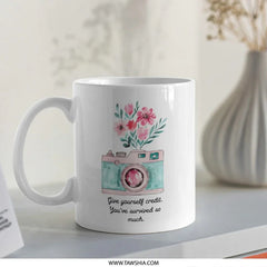 Floral Camera Mug, Give Yourself Credit, Watercolor Design Coffee Cup, Motivational Quote Mug, Unique Gift Idea, Cute Mug, Etsy Bestseller - Tawshia