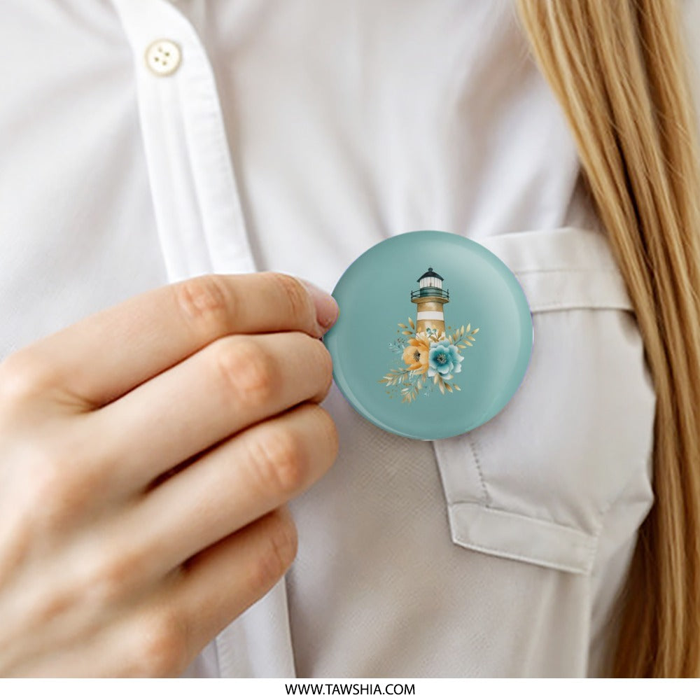 Coastal Lighthouse Pinback Button, Floral Nautical Button Badge, Beachy Theme Button, Maritime Flair Pin Badge, Nautical Lover Gift - Tawshia