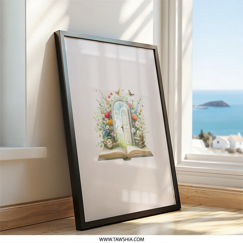 Book and Door Wall Art, Floral Gateway Print, Reading Room Decor, Fantasy Art, Dreamy Home Decor, Book Lover Gift, Open Book Wall Decor - Tawshia