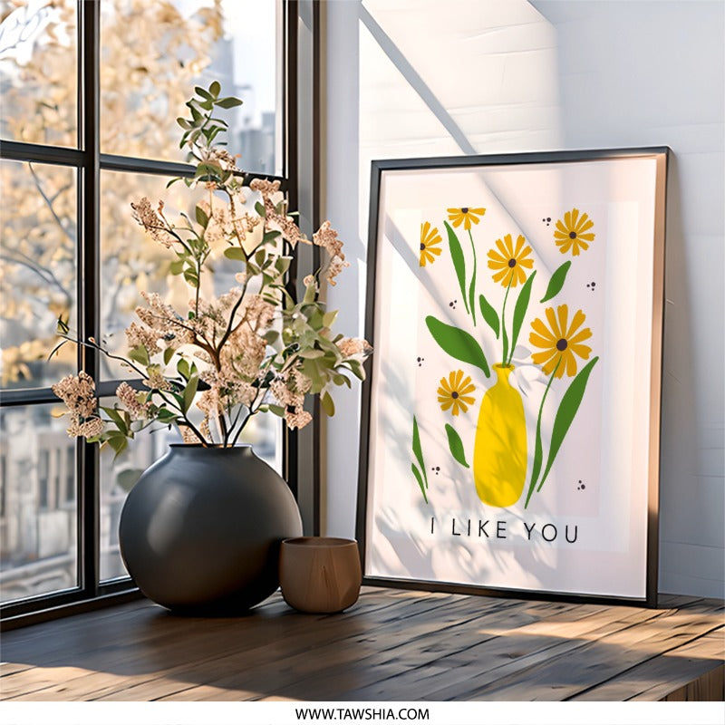 Yellow Daisy Wall Art, I Like You Print, Floral Wall Decor, Minimalist Flower Art, Cute Home Decor, Positive Affirmation Art - Tawshia