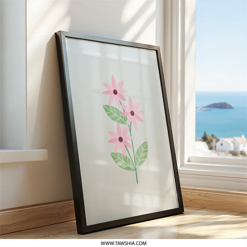 Pink Flower Wall Art, Minimalist Floral Print, Botanical Wall Decor, Simple Flower Art, Modern Home Decor - Tawshia