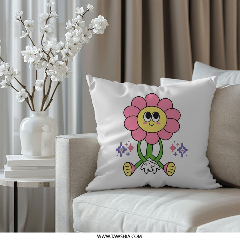 Cute Flower Power Pillow, Retro Cartoon Floral Throw Pillow, Groovy Aesthetic Cushion, Kids Room Decor, Playful Home Accent - Tawshia