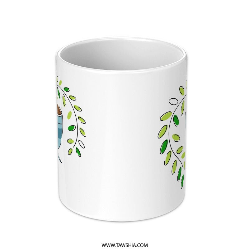Blue Bowl Plant Mug, Ceramic Coffee Cup, Green Leaves Gift, Nature Lover Drinkware, Cute Kitchen Decor, Unique Tea Mug, Minimalist Design - Tawshia