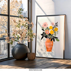 Floral Wall Art, Orange Vase Print, Still Life Artwork, Modern Home Decor, Kitchen Wall Art, Flower and Fruit Print - Tawshia