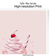 Pink Milkshake Photographic Prints, Dessert Art, Cherry Topping, Cute Food Illustration, Kitchen Decor, Sweet Treat Print - Tawshia
