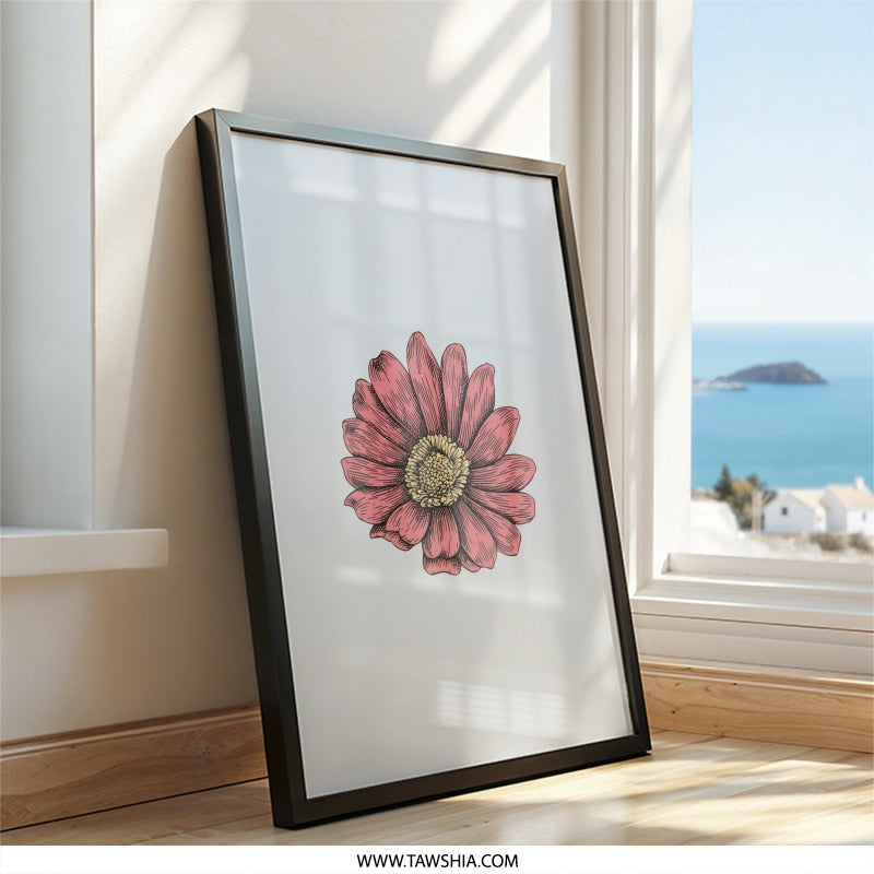 Pink Daisy Wall Art, Floral Illustration Print, Botanical Home Decor, Flower Drawing, Nature Artwork, Spring Gift Idea, Botanical Print - Tawshia