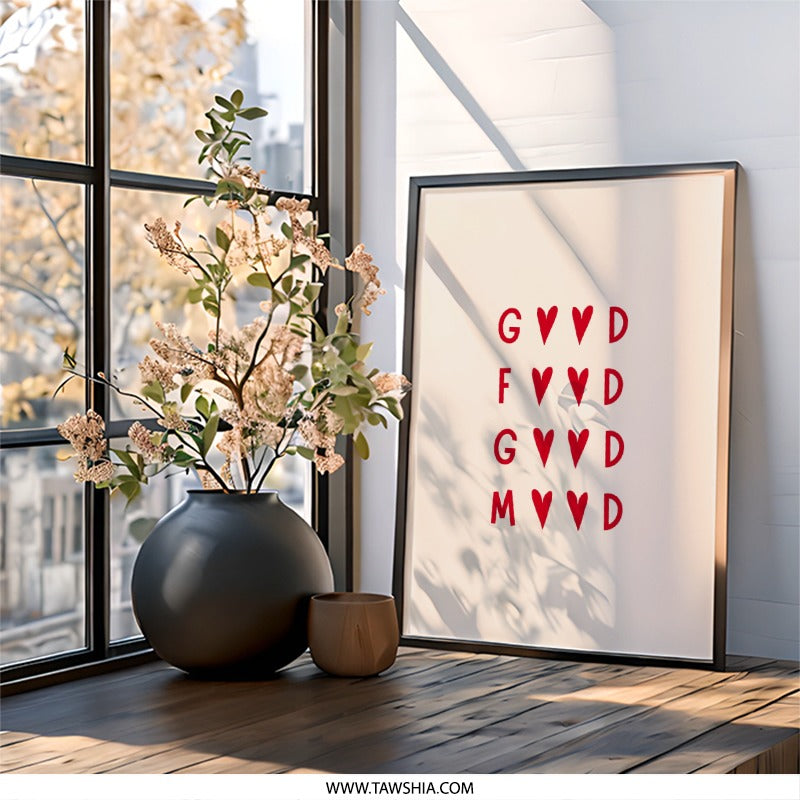Good Food Good Mood Wall Art, Minimalist Print, Heart Art, Trendy Wall Decor, Positive Vibes Art, Modern Home Decor, Wall Art for Home - Tawshia