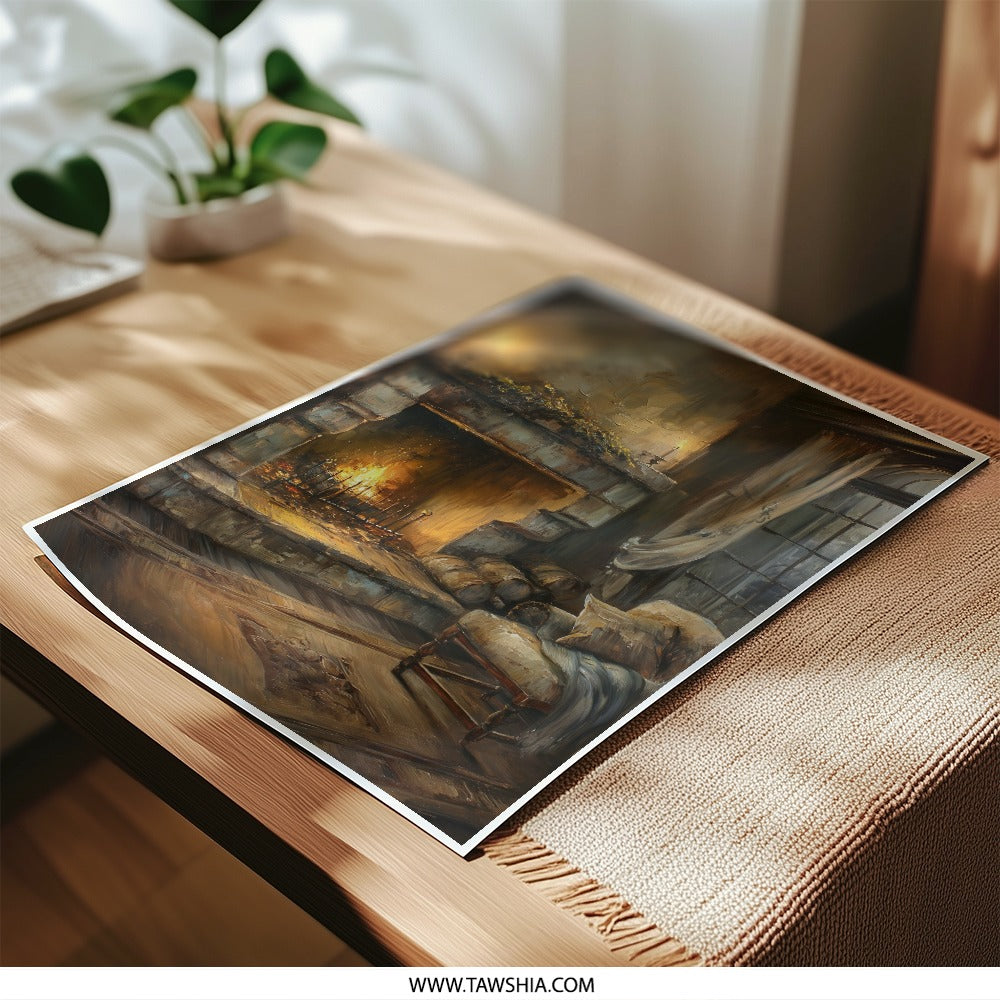 Cozy Fireplace Photographic Print, Warm Home Decor, Cabin Art, Rustic Wall Decor, Living Room Art, Fireplace Painting, Art Print - Tawshia