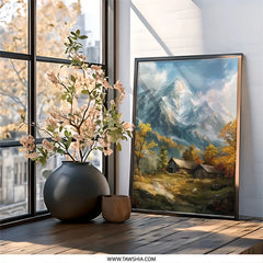 Mountain Cabin Wall Art, Autumn Scenery Print, Landscape Painting, Rustic Home Decor, Nature Art Print, Peaceful Retreat Wall Hanging - Tawshia