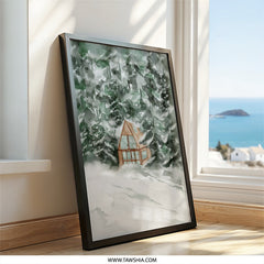 Snowy Cabin Wall Art, Winter Landscape Print, A Frame House Decor, Forest Scenery Artwork, Cozy Home Painting, Holiday Wall Decor - Tawshia