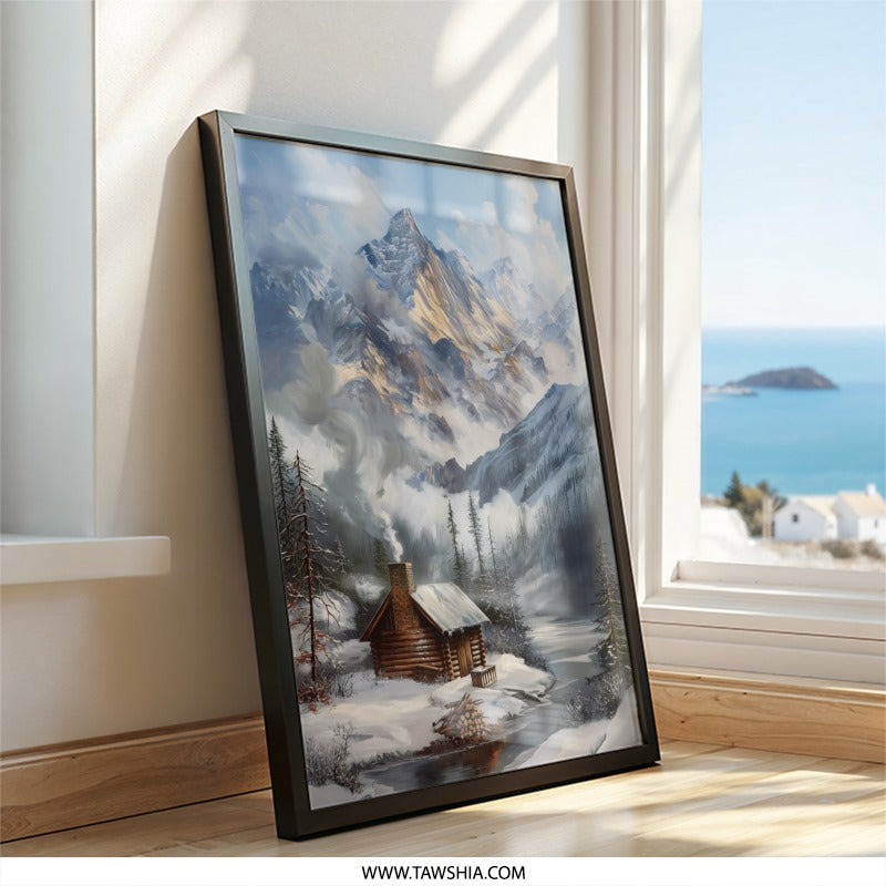 Winter Cabin Wall Art, Mountain Landscape Painting, Snowy Lodge Print, Rustic Home Decor, Winter Wonderland Art - Tawshia