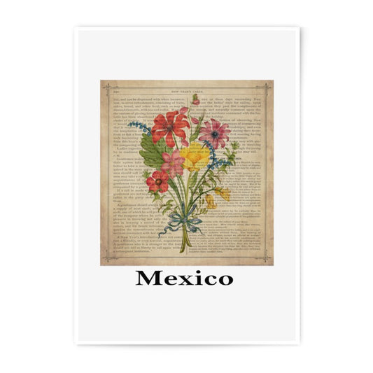 Vintage Floral Photographic Print, Antique Book Page Art, Botanical Illustration, Mexico Text, Unique Home Decor, Wall Art, Colorful Flowers - Tawshia