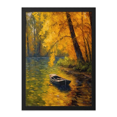 Autumn River Boat Painting Wall Art, Fall Landscape Art Print, Golden Leaves Decor, Serene Scenery, Nature Inspired Artwork - Tawshia