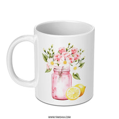 Lemon Flower Mug, Watercolor Floral, Summer Mug, Pink Mason Jar, Drinkware Mug, Cute Mug, Gift Mug - Tawshia