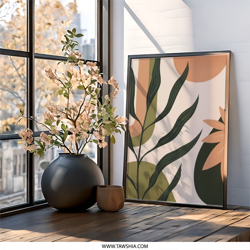 Abstract Botanical Wall Art, Modern Leaves Print, Earth Tones Artwork, Minimalist Plant Decor, Geometric Shapes Poster, Framed Art - Tawshia