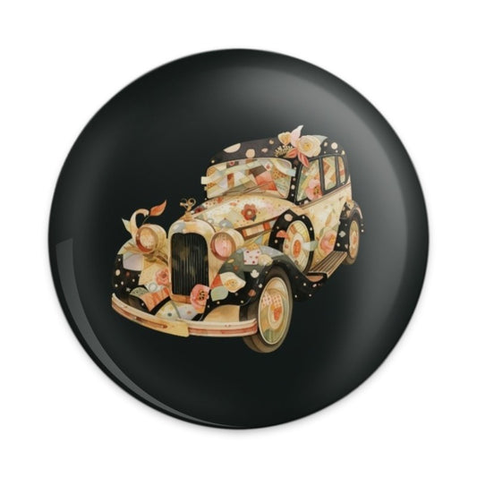 Classic Car Pinback Button, Floral Auto Badge, Vintage Vehicle Button, Decorative Pin, Artsy Car Lover Gift, Novelty Pinback Button - Tawshia