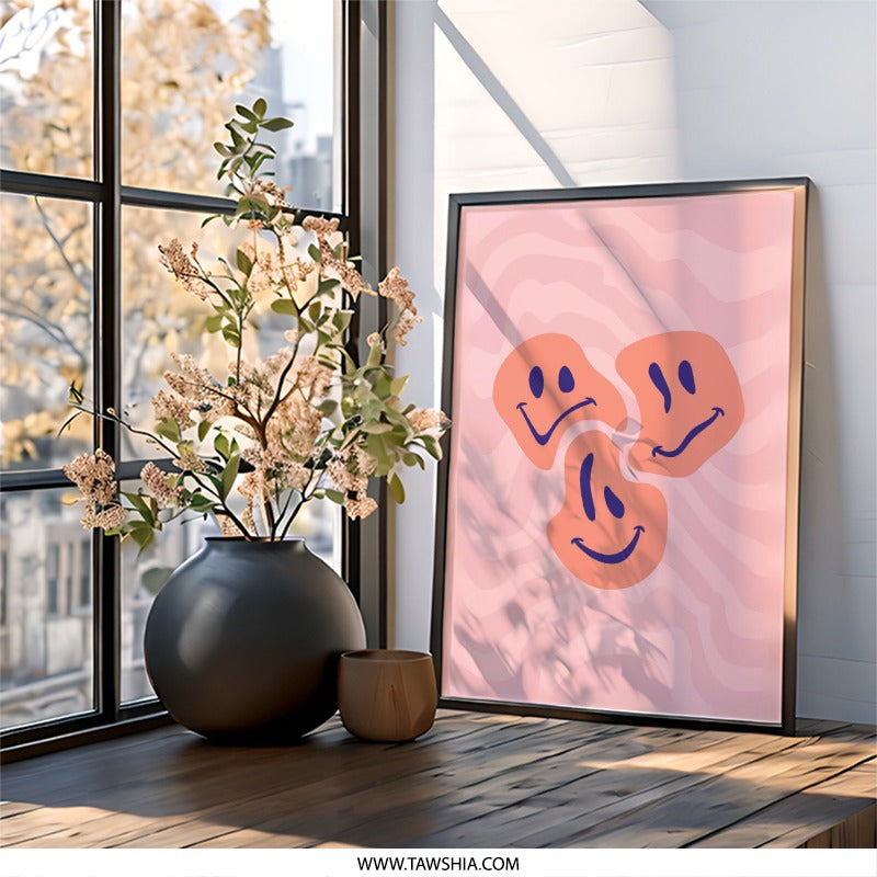Retro Smiley Face Wall Art, Pink Wave Print, Groovy Decor, Trendy Wall Decor, Home Decor, Y2K Inspired Art, Smiles Art, Positive Vibes - Tawshia