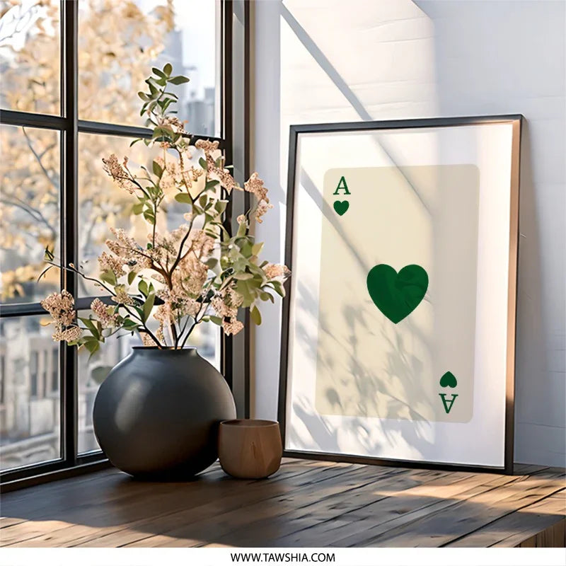 Ace of Hearts Wall Art, Green Playing Card Print, Minimalist Casino Decor, Card Game Lover Gift, Stylish Home Decoration, Card Player Art - Tawshia