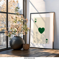 Ace of Hearts Wall Art, Green Playing Card Print, Minimalist Casino Decor, Card Game Lover Gift, Stylish Home Decoration, Card Player Art - Tawshia