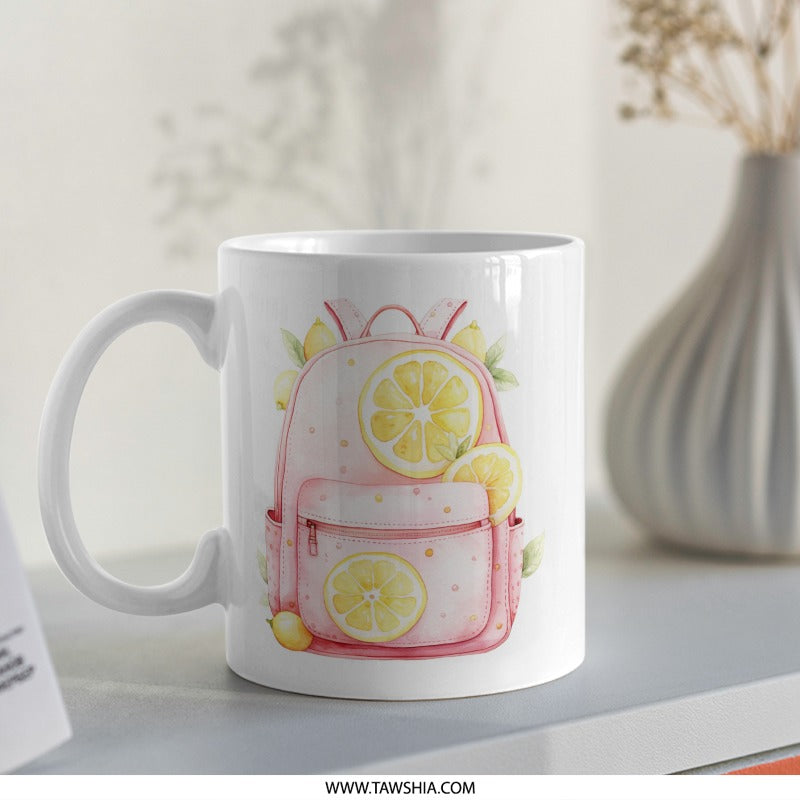 Lemon Backpack Mug, Cute Backpack Gift, Citrus Design Mug, Backpack Lover Gift, Trendy Backpack Mug - Tawshia