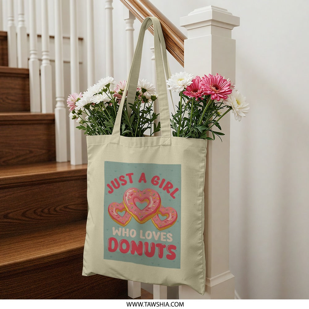 Donut Lover Tote Bag, Girl Who Loves Donuts, Cute Heart Donut Design, Foodie Gift, Bakery Tote, Sweet Treat Bag, Everyday Carry - Tawshia
