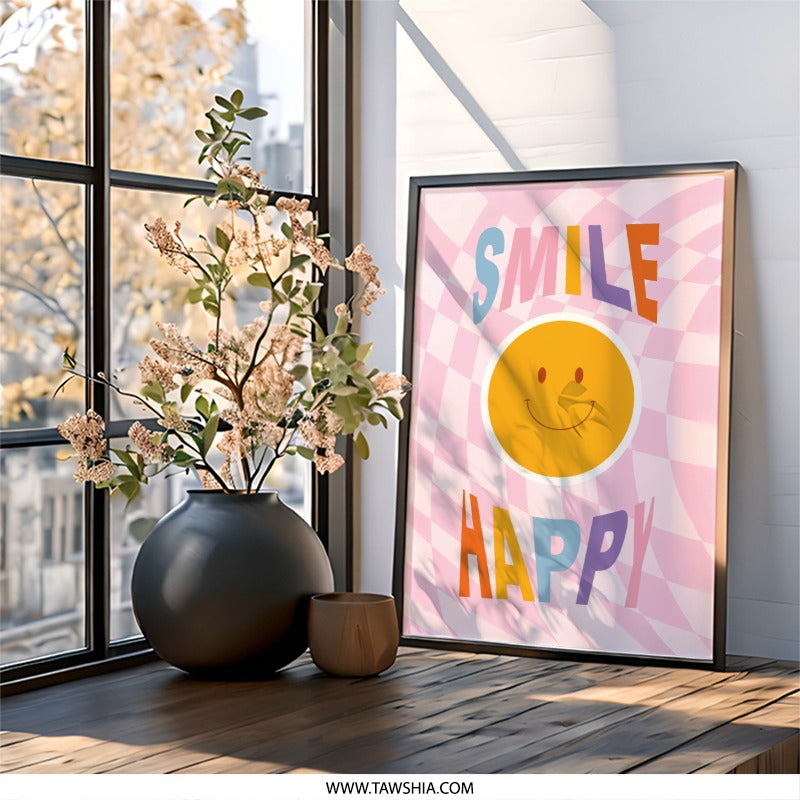 Smile Happy Wall Art, Retro Smiley Face Print, Cheerful Home Decor, Trendy Poster, Positive Vibes Art, 70s Inspired Aesthetic - Tawshia