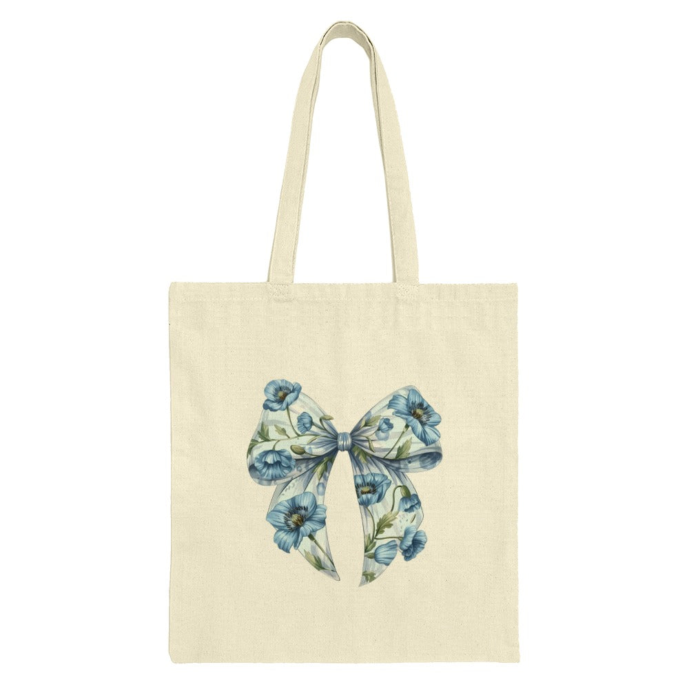 Floral Bow Tote Bag, Cute Design Bag, Fashion Tote, Blue Floral Bag, Everyday Carry, Stylish Tote, Gift for Her, Shopping Bag, Book Bag - Tawshia