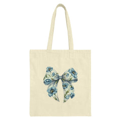 Floral Bow Tote Bag, Cute Design Bag, Fashion Tote, Blue Floral Bag, Everyday Carry, Stylish Tote, Gift for Her, Shopping Bag, Book Bag - Tawshia