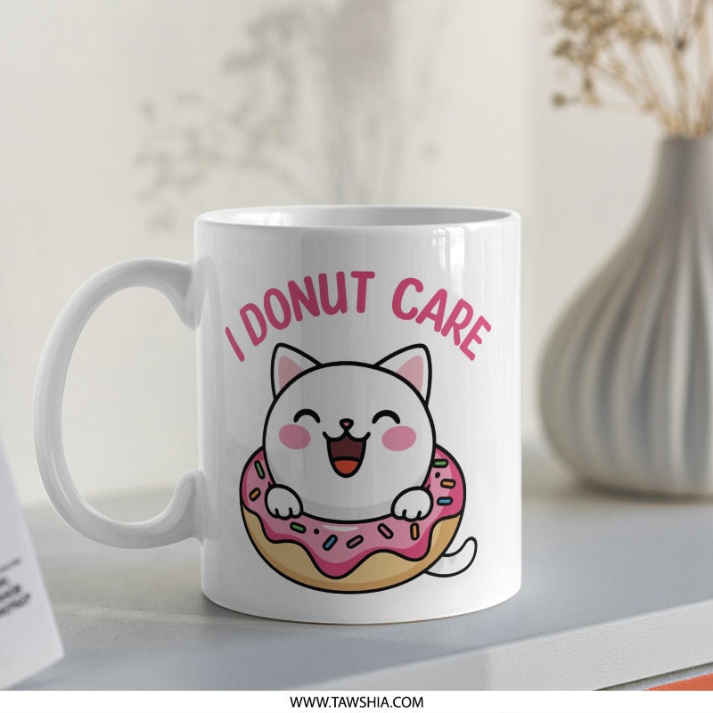 Donut Cat Mug, Funny Cat Lover Gift, Cute Kitten Coffee Mug, I Donut Care Mug, Sarcastic Mug, Kawaii Cat Mug, Unique Gift Idea - Tawshia