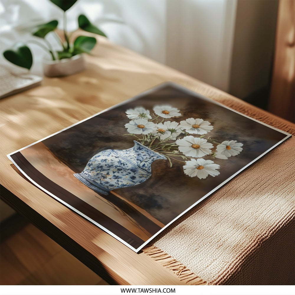 White Cosmos in Vase Photographic Print, Floral Still Life Art, Antique Decor, Elegant Flower Art, Home Wall Decor, Cosmos Artwork - Tawshia