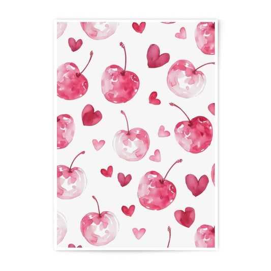Cherry Hearts Photographic Print, Watercolor Cherries Art, Fruit Illustration, Pink Heart Decor, Sweet Love Artwork, Kitchen Decor Print - Tawshia