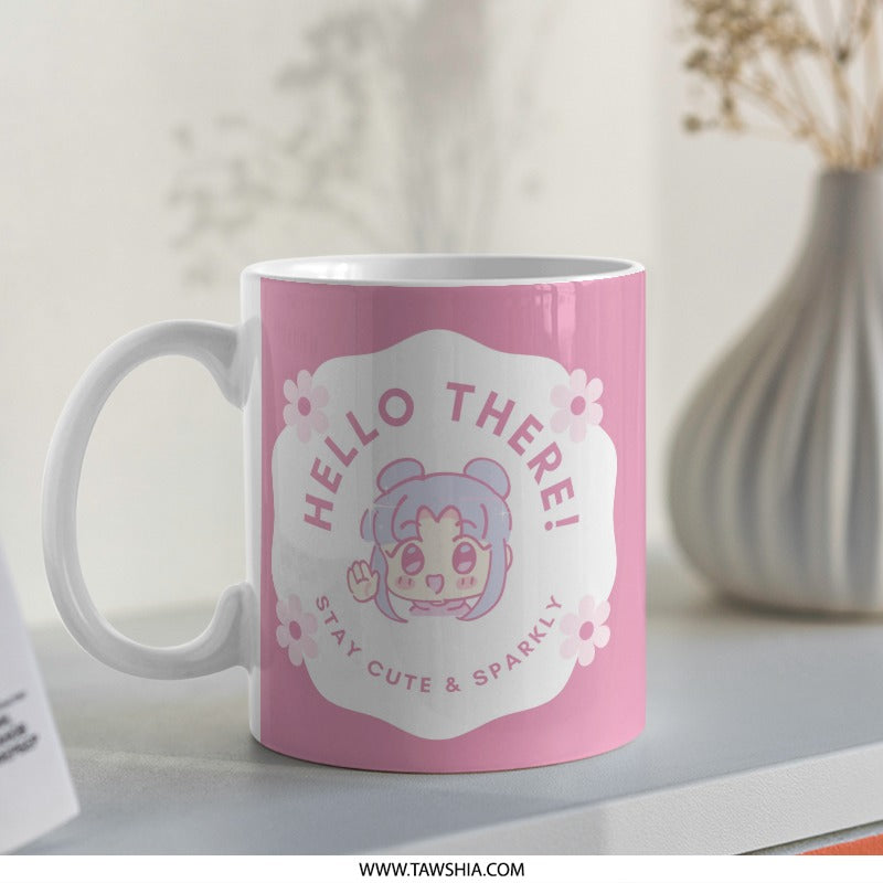 Cute Kawaii Mug, Anime Mug, Hello There Mug, Pink Mug, Sparkly Mug, Gift for Her, Aesthetic Mug, Trendy Mug, Cartoon Mug, Anime Girl - Tawshia