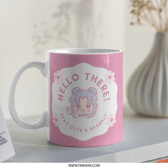 Cute Kawaii Mug, Anime Mug, Hello There Mug, Pink Mug, Sparkly Mug, Gift for Her, Aesthetic Mug, Trendy Mug, Cartoon Mug, Anime Girl - Tawshia