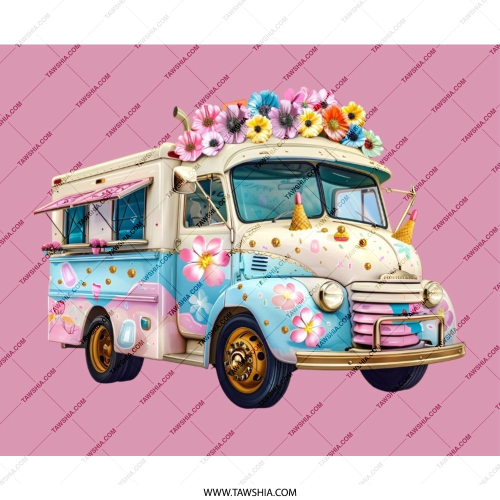 Floral Ice Cream Truck Mouse Pad, Cute Pink Flower Art, Whimsical Desk Decor, Unique Gift, Office Accessories - Tawshia