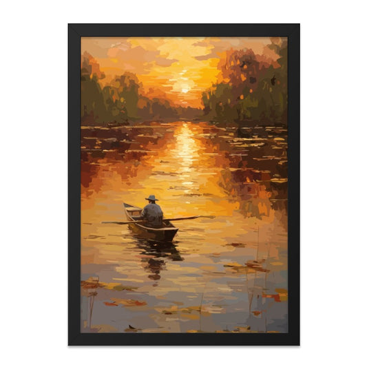 Sunset River Wall Art, Man in Boat Painting, Landscape Artwork, Peaceful Scenery Print, Calm Waters Home Decor, Golden Hour Wall Decor - Tawshia