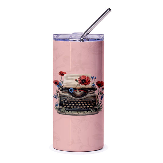 Vintage Typewriter Tumbler, Floral Tumbler, Retro Writer Gift, Flower Tumbler, Novelist Tumbler, Teacher Tumbler, Unique Tumbler Design - Tawshia
