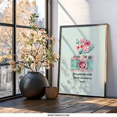Camera Wall Art, Floral Camera Print, Inspirational Quote Art, Turquoise Pink Decor, Positive Affirmation Art, Unique Wall Art - Tawshia