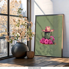 Cactus Framed Wall Art, Floral Desert Decor, Western Home Decor, Pink Flowers Art, Cowboy Hat Art, Southwestern Art Print - Tawshia