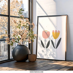 Pink Yellow Flower Wall Art, Floral Print, Minimalist Art, Scandinavian Wall Decor, Modern Art Print, Home Decor Wall Art - Tawshia