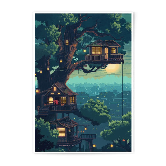 Treehouse Photographic Print, Pixel Art Home Decor, Fantasy Landscape Art, Whimsical Illustration, Cozy Cottage Wall Art - Tawshia
