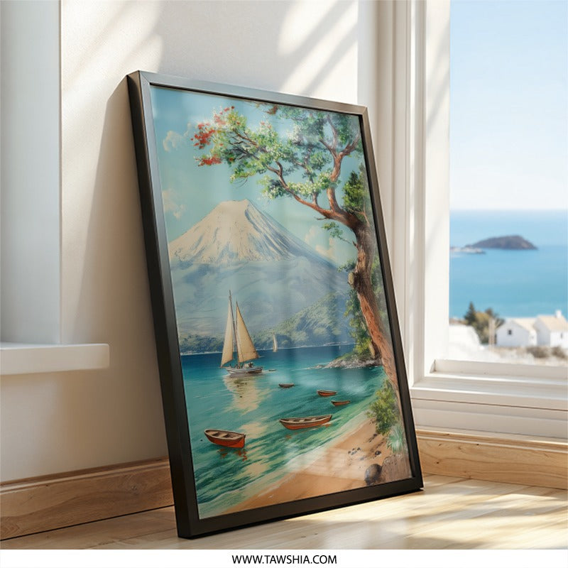 Tranquil Mountain Lake Wall Art, Sailboat Painting Print, Asian Inspired Artwork, Serene Landscape Decor, Peaceful Scenery Fine Art Print - Tawshia